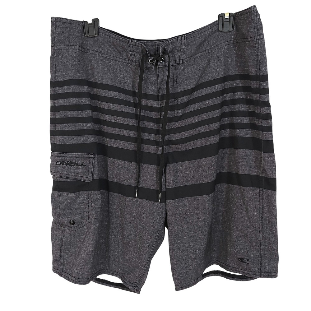 ONeill Striped‎ Board Shorts Size 34 Gray Black Cargo Pocket Swim Trunks